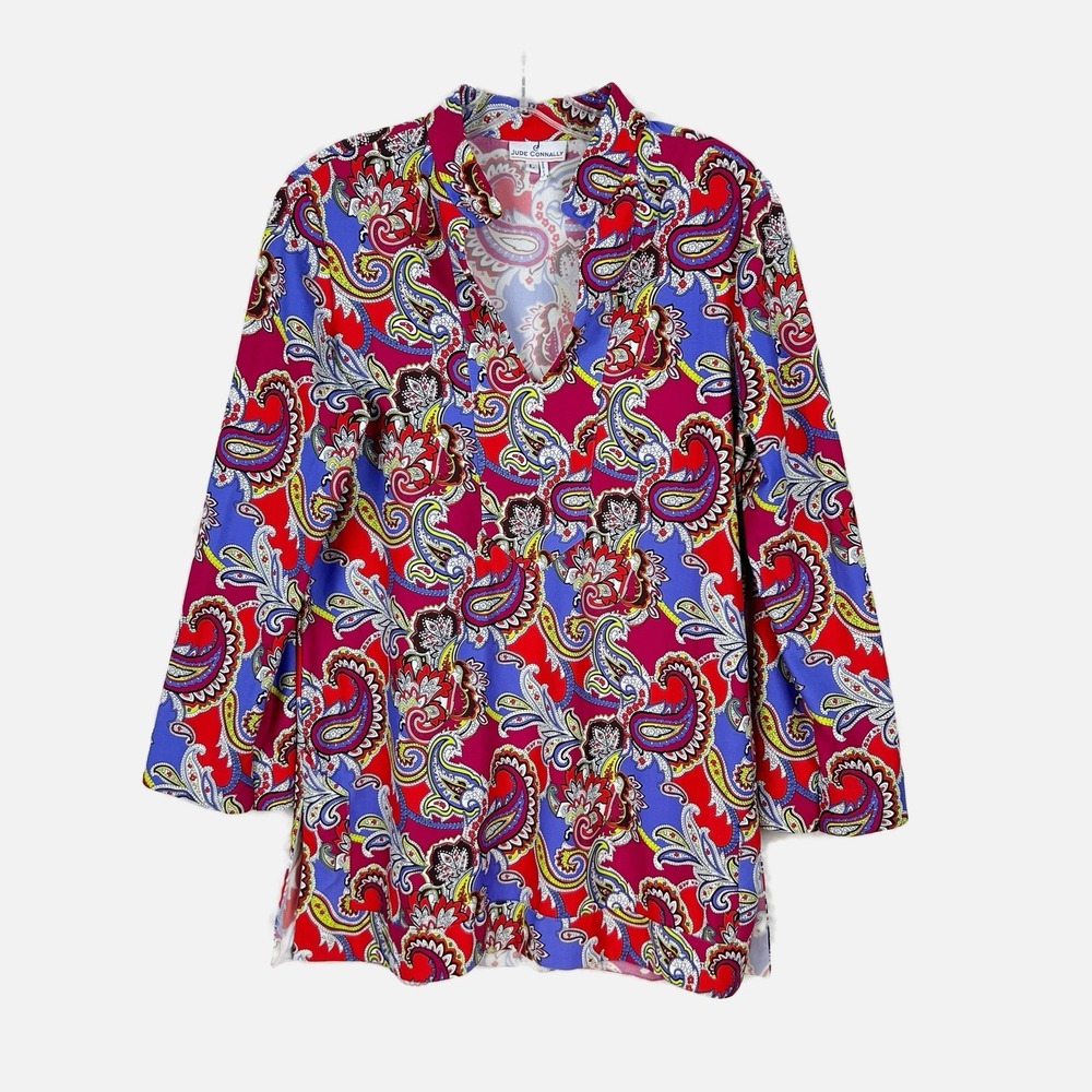 JUDE CONNALLY Bold Preppy‎ Paisley Split Neck Mandarin Collar Tunic Size LARGE